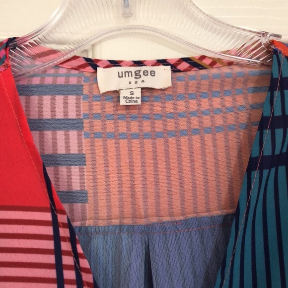 Umgee Multicolor Patchwork‎ Wrap Ruffle Sleeve Blouse Boho Small - Picture 4 of 6